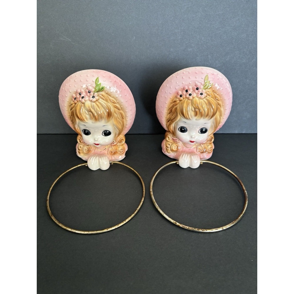 Josef Originals-2pcs Girl Pink Towel Holders‎ Vintage Mid Century EXTREMELY RARE